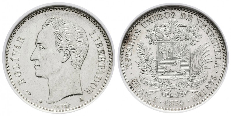 ESTADOS UNIDOS DE VENEZUELA. 20 Centavos. (Ar. 5,00g/23mm). 1874. París A. (Km#Y...