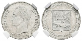 ESTADOS UNIDOS DE VENEZUELA. 1/4 Bolívar. (Ar. 1,25g/15mm). 1894. París A. (Km#Y20). Encapsulado NGC AU-58.