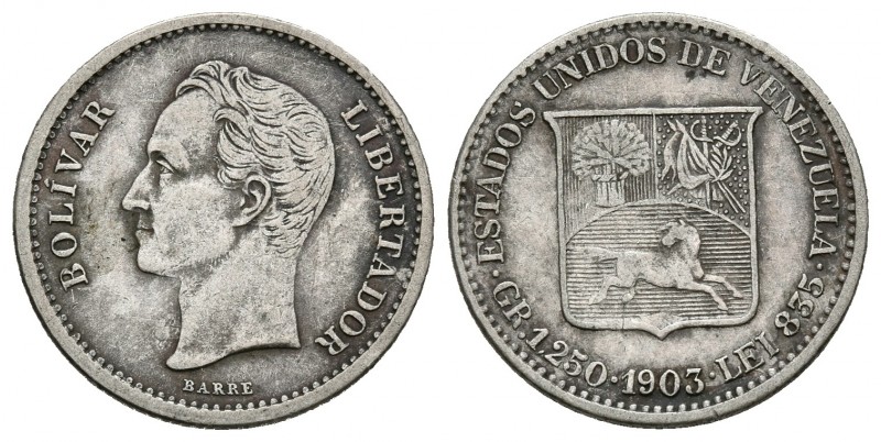 ESTADOS UNIDOS DE VENEZUELA. 1/4 Bolívar. (Ar. 1,25g/15mm). 1903. Philadelphia. ...