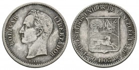 ESTADOS UNIDOS DE VENEZUELA. 1/4 Bolívar. (Ar. 1,25g/15mm). 1903. Philadelphia. (Km#Y20). MBC+.