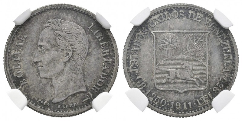 ESTADOS UNIDOS DE VENEZUELA. 1/4 de Bolívar. (Ar. 1,25g/15mm). 1911. (Km#Y20). E...