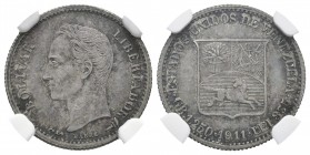 ESTADOS UNIDOS DE VENEZUELA. 1/4 de Bolívar. (Ar. 1,25g/15mm). 1911. (Km#Y20). Encapsulado NGC AU-55.