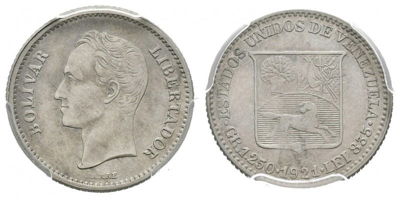 ESTADOS UNIDOS DE VENEZUELA. 1/4 Bolívar. (Ar. 1,25g/15mm). 1921. Philadelphia. ...