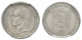 ESTADOS UNIDOS DE VENEZUELA. 1/4 Bolívar. (Ar. 1,25g/15mm). 1921. Philadelphia. (Km#Y20). Variante "Low 2". Encapsulado PCGS AU Details.