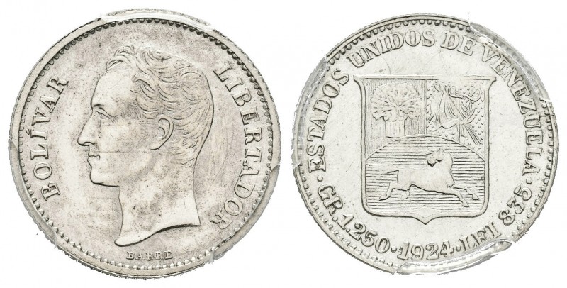 ESTADOS UNIDOS DE VENEZUELA. 1/4 Bolívar. (Ar. 1,25g/15mm). 1924. Philadelphia. ...