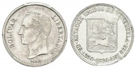 ESTADOS UNIDOS DE VENEZUELA. 1/4 Bolívar. (Ar. 1,25g/15mm). 1924. Philadelphia. (Km#Y20). Encapsulado PCGS UNC Detail. Limpiada.