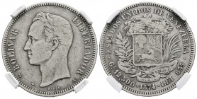 ESTADOS UNIDOS DE VENEZUELA. 50 Centavos. (AR. 12,50g/30mm). 1874. París A. (Km#Y15). Encapsulado NGC VF-20.