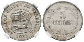 ESTADOS UNIDOS DE VENEZUELA. 5 Céntimos. (CuNi. 2,30g/19mm). 1925. Philadelphia. (Km#Y27). Encapsulado NGC MS-63.