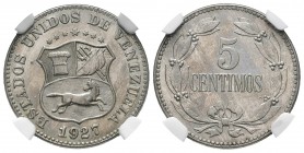 ESTADOS UNIDOS DE VENEZUELA. 5 Céntimos. (CuNi. 2,30g/19mm). 1927. Philadelphia. (Km#Y27). Encapsulado NGC MS-65.