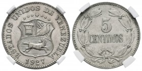ESTADOS UNIDOS DE VENEZUELA. 5 Céntimos. (CuNi. 2,30g/19mm). 1927. Philadelphia. (Km#Y27). Encapsulado NGC MS-64.
