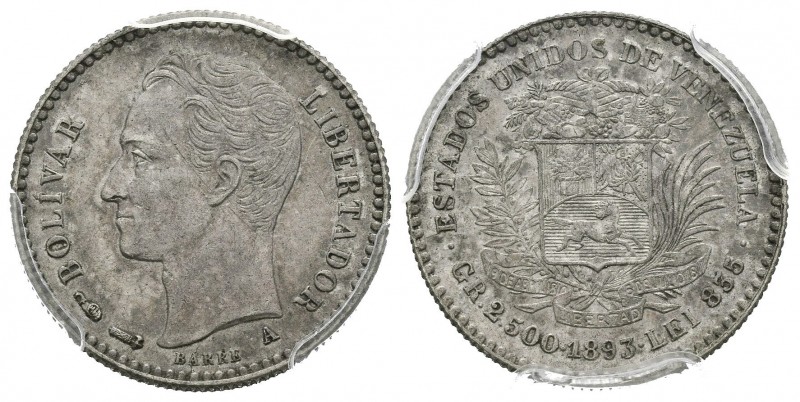 ESTADOS UNIDOS DE VENEZUELA. 1/2 Bolívar. (Ar. 2,50g/18mm). 1893. París A. (Km#Y...
