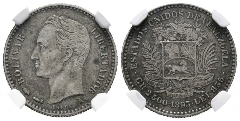 ESTADOS UNIDOS DE VENEZUELA . 1/2 Bolívar. (Ar. 2,50g/18mm). 1893. París A. (Km#...