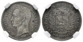 ESTADOS UNIDOS DE VENEZUELA . 1/2 Bolívar. (Ar. 2,50g/18mm). 1893. París A. (Km#Y21). Encapsulado NGC AU-53.