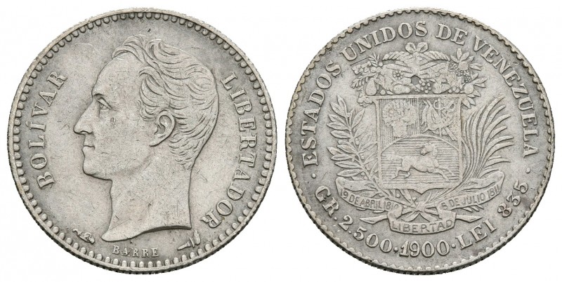 ESTADOS UNIDOS DE VENEZUELA. 1/2 Bolívar. (Ar. 2,45/18mm). 1900. París. (Km#Y21)...