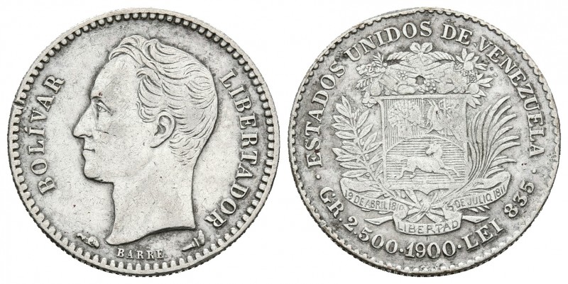 ESTADOS UNIDOS DE VENEZUELA. 50 Céntimos. (Ar. 2,50g/18mm). 1900. París. (Km#Y21...