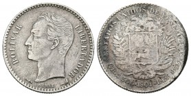 ESTADOS UNIDOS DE VENEZUELA. 50 Céntimos. (Ar. 2,50g/18mm). 1901. París. (Km#Y21). MBC. Restos de oxidaciones.