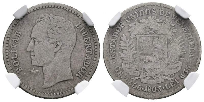 ESTADOS UNIDOS DE VENEZUELA. 1/2 Bolívar. (Ar. 2,50g/18mm). 1903. (Km#Y21). Enca...