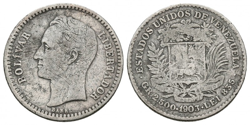 ESTADOS UNIDOS DE VENEZUELA. 50 Céntimos. (Ar. 2,50g/18mm). 1903. Philadelphia. ...