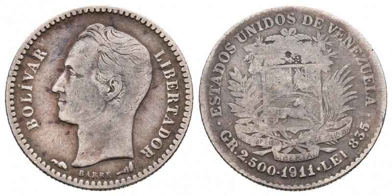 ESTADOS UNIDOS DE VENEZUELA. 50 Céntimos. (Ar. 2,50g/18mm). 1911. París. (Km#Y21...