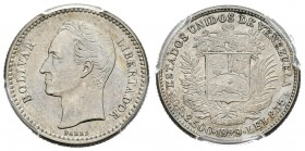 ESTADOS UNIDOS DE VENEZUELA. 1/2 Bolívar. (Ar. 2,50g/18mm). 1929. Philadelphia. (Km#Y21). Encapsulado PCGS AU Details. Limpiada.
