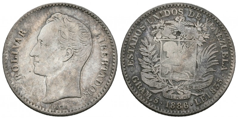 ESTADOS UNIDOS DE VENEZUELA. 1 Bolívar. (Ar. 5,00g/23mm). 1886. Caracas. (Km#Y22...
