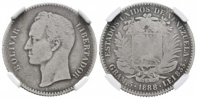 ESTADOS UNIDOS DE VENEZUELA. 1 Bolívar. (Ar. 5,00g/23mm). 1888. (Km#Y22). Encapsulado NGC VG Details. Limpiada.
