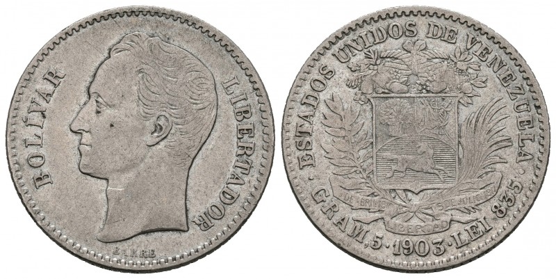 ESTADOS UNIDOS DE VENEZUELA. 1 Bolívar. (Ar.5g/23mm). 1903. Philadelphia. (Km#Y2...