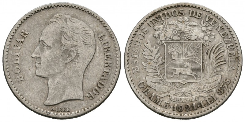 ESTADOS UNIDOS DE VENEZUELA. 1 Bolívar. (Ar.5,00g/23mm). 1921. Philadelphia. (Km...