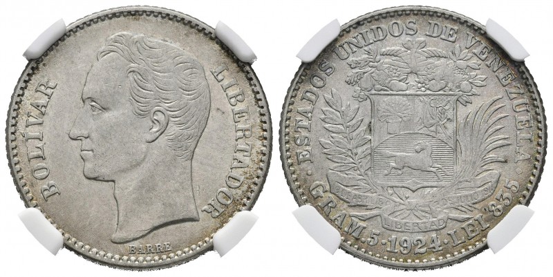 ESTADOS UNIDOS DE VENEZUELA. 1 Bolívar. (Ar. 5,00g/23mm). 1924. Philadelphia. (K...