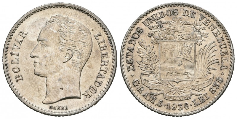 ESTADOS UNIDOS DE VENEZUELA. 1 Bolívar. (Ar. 5,00g/23mm). 1936. Philadelphia. (K...