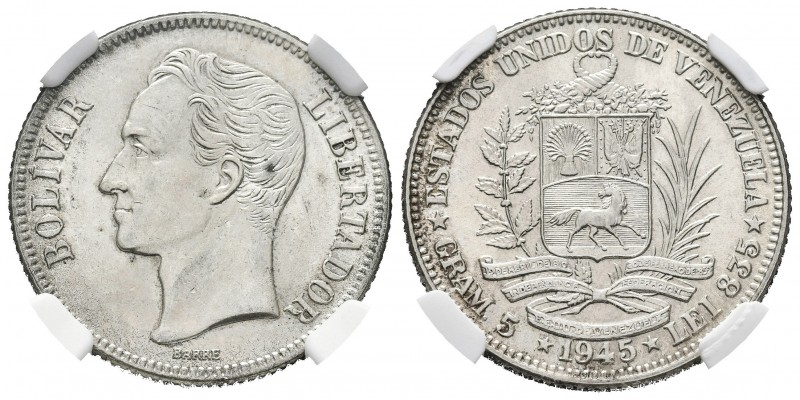 ESTADOS UNIDOS DE VENEZUELA. 1 Bolívar. (Ar. 5,00g/23mm). 1945. Philadelphia. (K...
