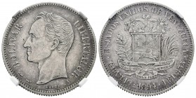 ESTADOS UNIDOS DE VENEZUELA. 2 Bolívares. (Ar. 10,00g/27mm). 1894. París. (Km#23). Encapsulado NGC AU Details. Rayitas.