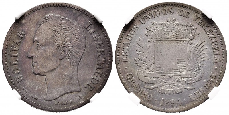 ESTADOS UNIDOS DE VENEZUELA. 2 Bolívares. (Ar. 10,00g/27mm). 1894. París A. (Km#...