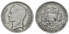 ESTADOS UNIDOS DE VENEZUELA. 2 Bolívares. (Ar. 10,00g/27mm). 1902. Philadelphia. (Km#Y23). Encapsulado ANACS G-6.
