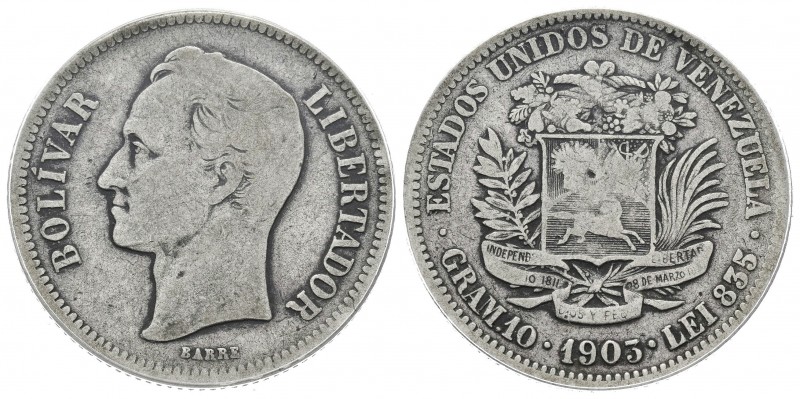 ESTADOS UNIDOS DE VENEZUELA. 2 Bolívares. (Ar. 10,00g/27mm). 1903. Philadelphia....