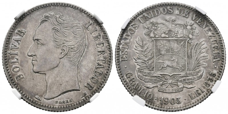 ESTADOS UNIDOS DE VENEZUELA. 2 Bolívares. (Ar. 10,00g/27mm). 1905. Philadelphia....