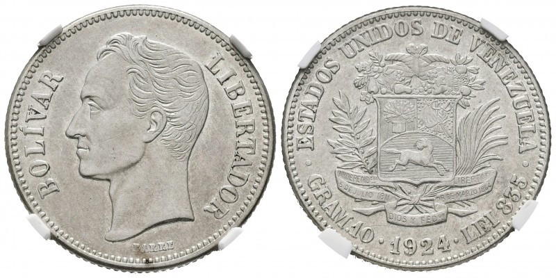 ESTADOS UNIDOS DE VENEZUELA. 2 Bolívares. (Ar. 10,00g/27mm). 1924. Philadelphia....