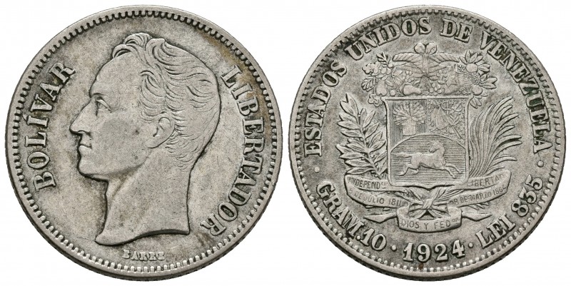 ESTADOS UNIDOS DE VENEZUELA . 2 Bolívares. (Ar. 9,90g/27mm). 1924. Philadelphia....
