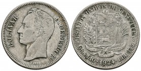 ESTADOS UNIDOS DE VENEZUELA . 2 Bolívares. (Ar. 9,90g/27mm). 1924. Philadelphia. (Km#Y23). EBC-.