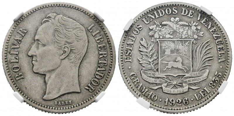 ESTADOS UNIDOS DE VENEZUELA. 2 Bolívares. (Ar. 10,00g/27mm). 1926. Philadelphia....