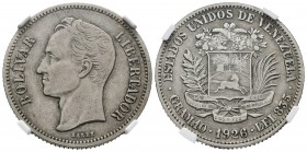 ESTADOS UNIDOS DE VENEZUELA. 2 Bolívares. (Ar. 10,00g/27mm). 1926. Philadelphia. (Km#Y23). Encapsulado NGC AU-50.