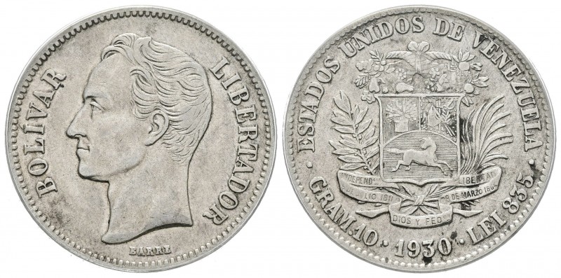 ESTADOS UNIDOS DE VENEZUELA. 2 Bolívares. (Ar. 10,00g/27mm). 1930. Philadelphia....