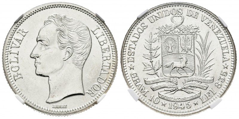 ESTADOS UNIDOS DE VENEZUELA. 2 Bolívares. (Ar. 10,00g/27mm). 1945. Philadelphia....