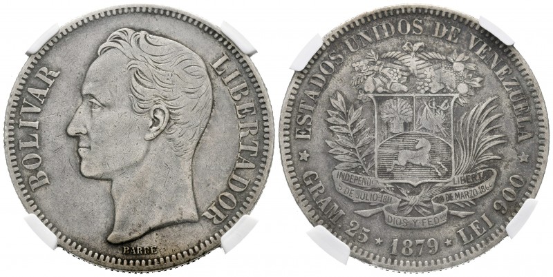 ESTADOS UNIDOS DE VENEZUELA. 5 Bolívares (Ar. 25,00g/37mm). 1879 (primer año de ...