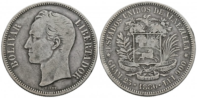 ESTADOS UNIDOS DE VENEZUELA. 5 Bolívares. (Ar. 24,60g/37mm). 1886. Caracas. (Km#...