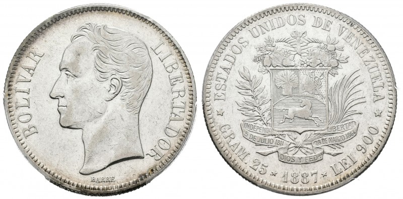 ESTADOS UNIDOS DE VENEZUELA. 5 Bolívares. (Ar. 25,00g/37mm). 1887. Caracas. (Km#...