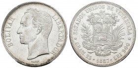 ESTADOS UNIDOS DE VENEZUELA. 5 Bolívares. (Ar. 25,00g/37mm). 1887. Caracas. (Km#Y24.1). Encapsulado PCGS XF Details. Limpiada.
