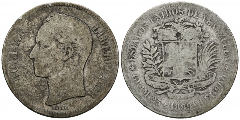 ESTADOS UNIDOS DE VENEZUELA. 5 Bolívares. (Ar. 24,03g/37mm). 1889. Caracas. (Km#...