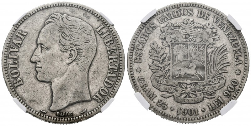 ESTADOS UNIDOS DE VENEZUELA. 5 Bolívares. (Ar. 25,00g/37mm). 1901. Philadelphia....