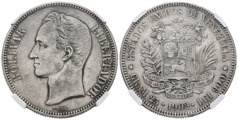 ESTADOS UNIDOS DE VENEZUELA. 5 Bolívares. (Ar. 25,00g/37mm). 1902. Philadelphia....